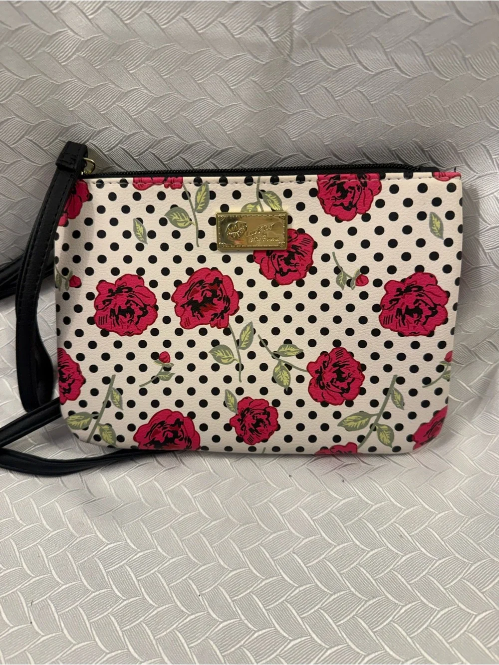 Betsey Johnson White Floral Polka Dot Crossbody Purse with Black Strap